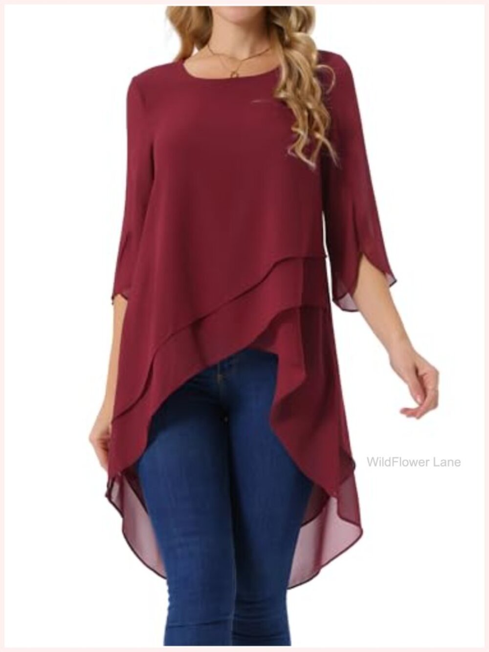 Seta T Women's High Low Chiffon Blouse 3/4 Bell Sleeve Casual Fall Top